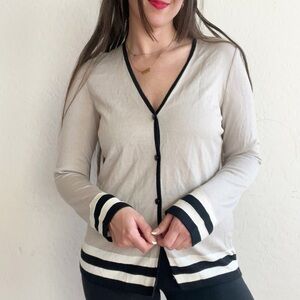 St. John Rib Knit Cream Tan Black White Stripe Cardigan Sweater
